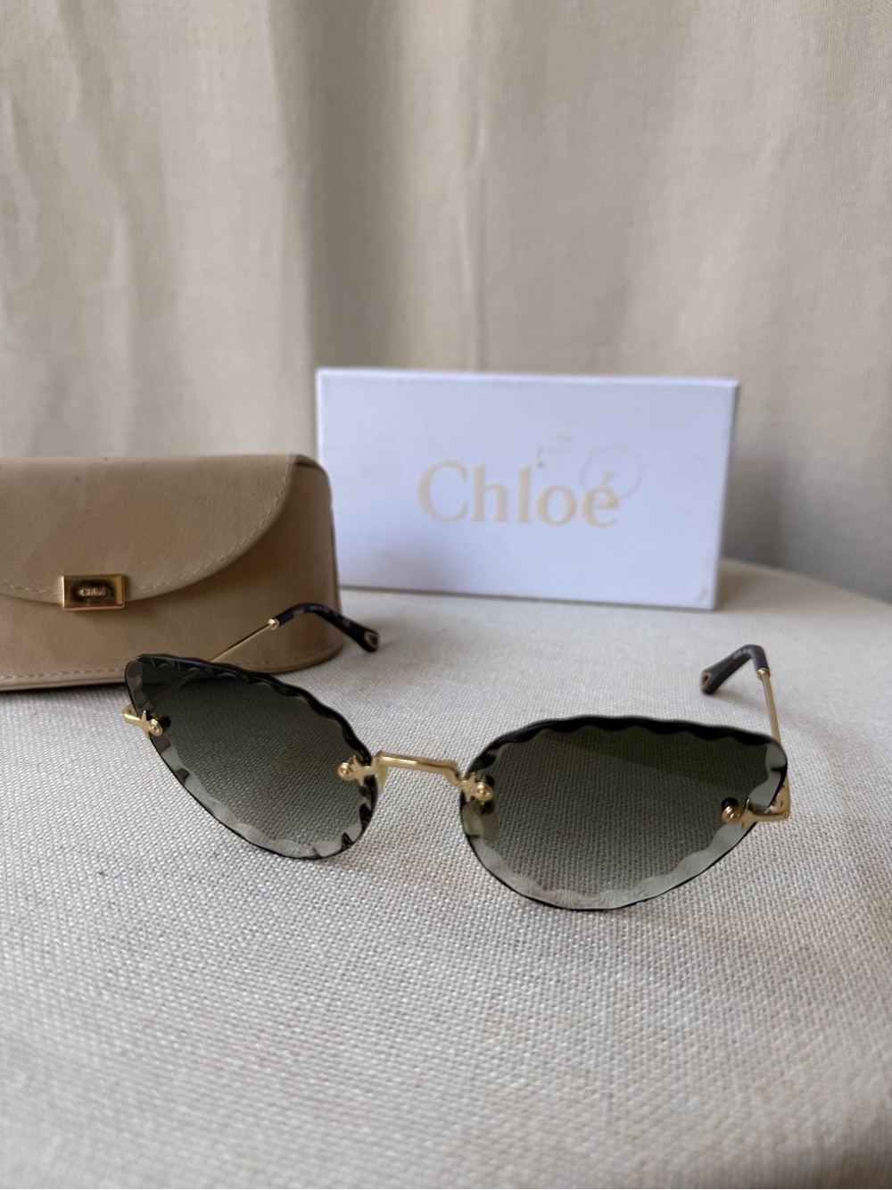 Chloe Scalloped Rim Sunglasses with Gray Gradient Lenses and Gold Accents